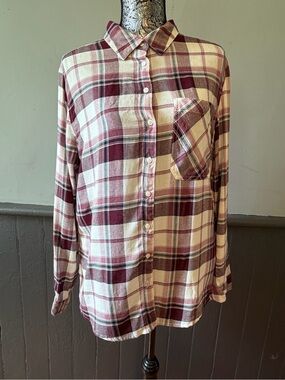 Garage Burgundy and Cream Plaid Button-Up Shirt
